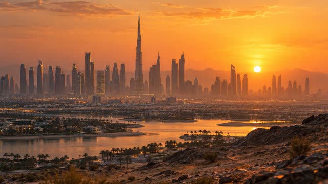 Desert city sunset