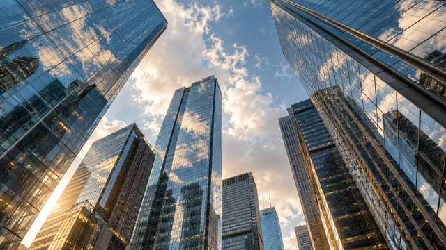 Glass skyscrapers looking up