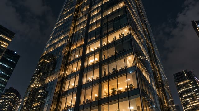 Lit office tower night