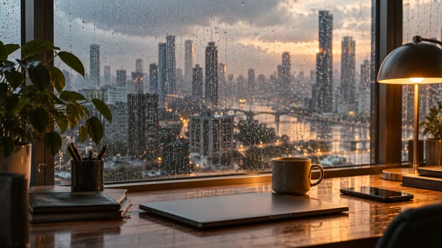 Office window rain