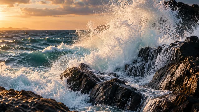 Waves crashing rocks